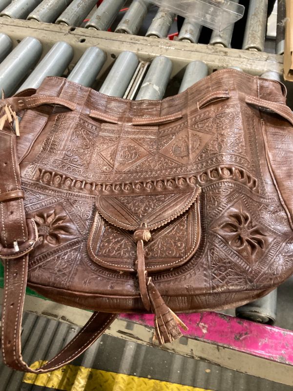 Photo 1 of ***CORRECT ITEM****Moroccan Leather Bucket Bag for Women – Bohemian Tooled Crossbody Purse | Moroccan Gypsy Drawstring Tote, Vintage Hippie Shoulder Bag (Brown)