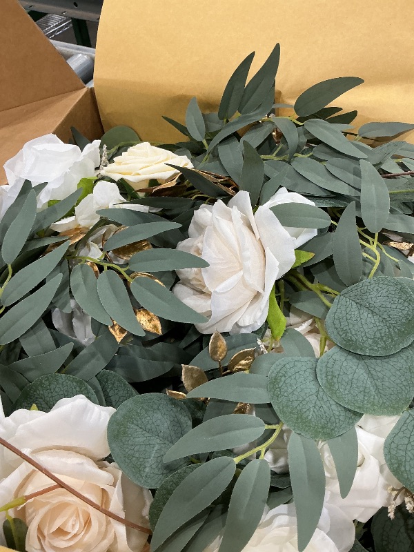 Photo 1 of Floroom 6ft Artificial Eucalyptus Garland with Flowers Fake Greenery Faux Floral Vine Garland for Table Decor Wedding Centerpieces Bridal Shower Party Decorations, Cream White