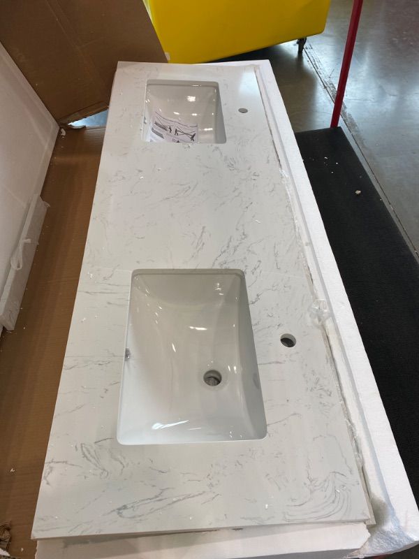 Photo 1 of ***READ CLERK NOTES*** 
Beckett 66 Inch Double Bathroom Vanity in White, Carrara Cultured Marble Countertop, Undermount Square Sinks, Matte Black Trim