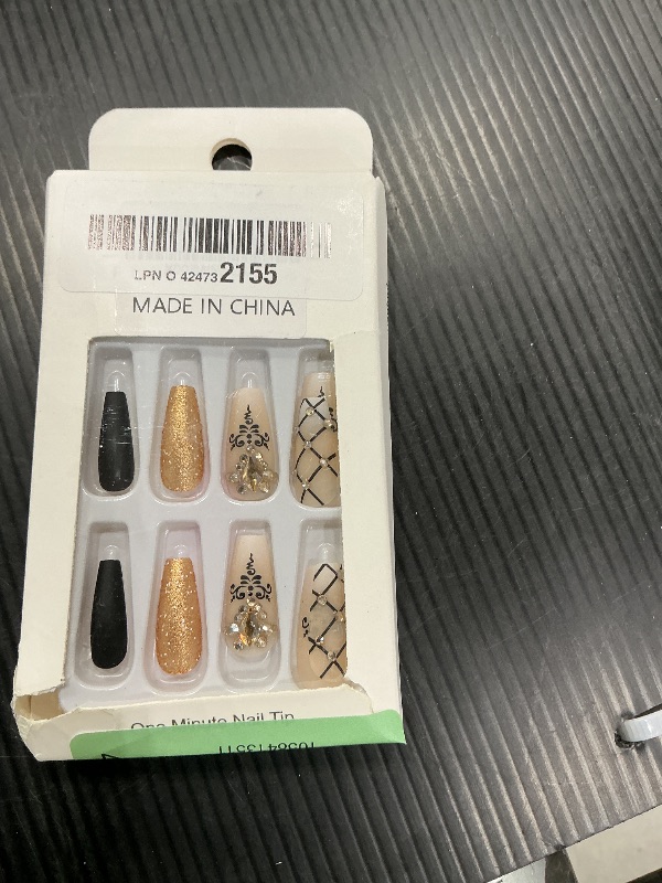 Photo 1 of 24pcs Medium Press-on Nails with Golden Rhinestones Designs, Full Cover Reusable Coffin Black Grid False Nails, Glue-on Nails for Women Set