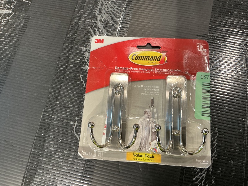 Photo 1 of *Missing Parts*
Command Large Brushed Nickel Double Hooks, 2 Hooks and 2 Command Strips, Damage-Free Hanging Wall Hooks with Adhesive Strips, No Tools Coat Hooks for Hanging Home Decor, Holds up to 4 lb
