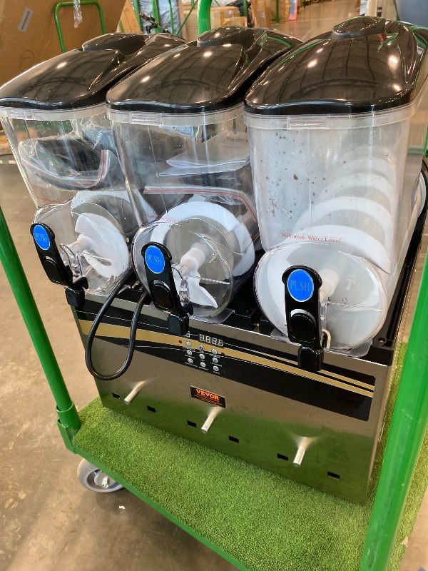 Photo 1 of ***MAJOR DAMAGE** VEVOR Commercial Margarita Machine, 15Lx3 Triple Tank Slushie Machine, 180 Cups Stainless Steel Margarita Smoothie Frozen Drink Maker, Slushy Maker for Home Party Restaurants Cafe Bars** NOT FUNCTIONAL, SELL FOR PARTS***