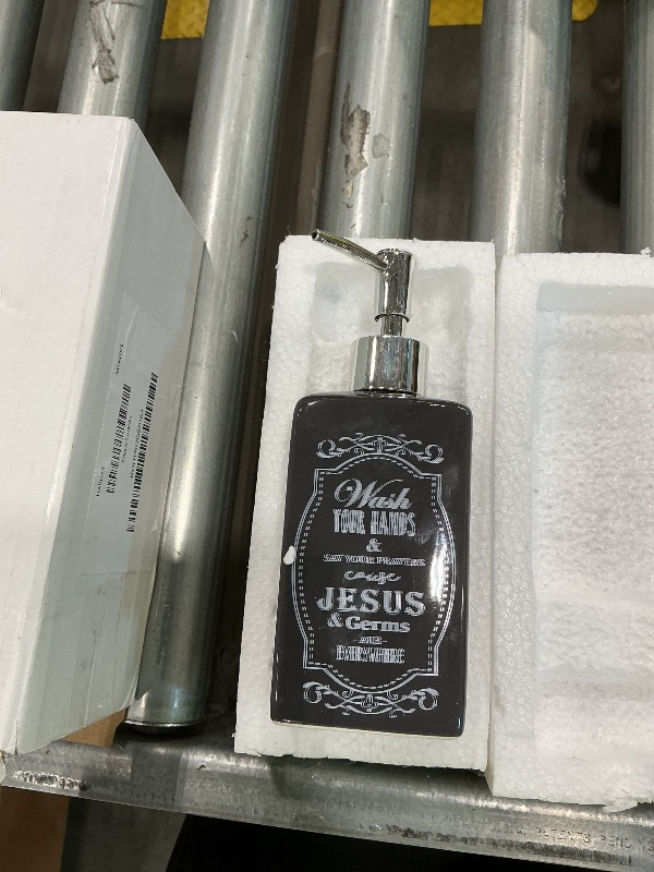 Photo 1 of *Major Damage*
Creative Brands Inspirational Ceramic Pump-Top Liquid Soap Dispenser, 10-Ounce, Jesus and Germs