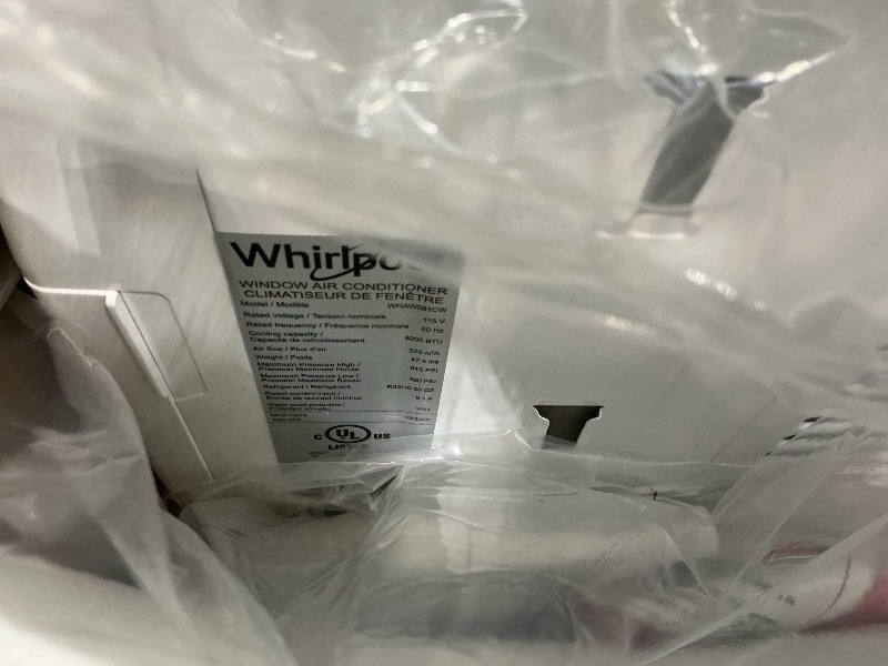 Photo 1 of ** sold as is no refund/return** Whirlpool 8,000 BTU Window Air Conditioner with Dehumidifier, 115V, Window AC for Rooms up to 350 Sq. Ft., Living Room, Bedroom, or Apartment, with 3 Speeds, Remote Control, and 24H Timer, White