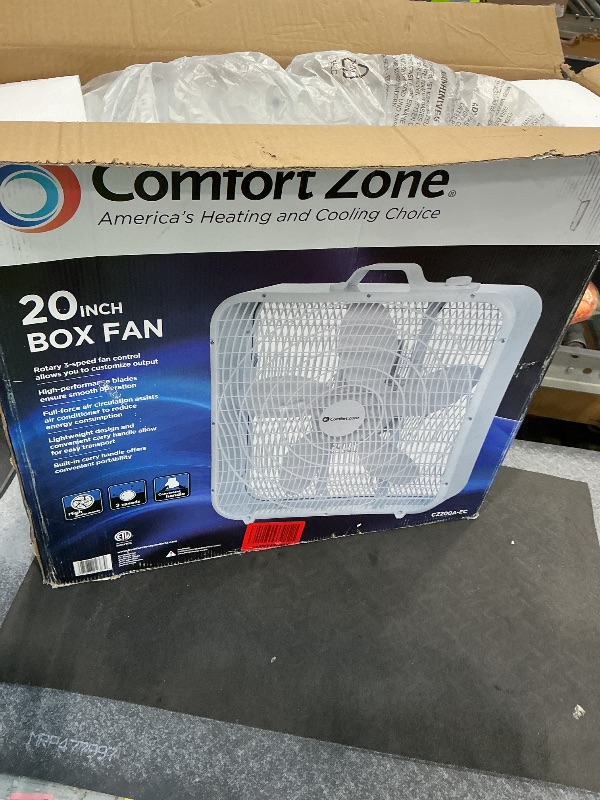 Photo 1 of *NON-FUNCTIONAL*
Comfort Zone Box Fan with Carry Handle, 20 inch, 3 Speed Full-Force Air Circulation Window Fan, Bedroom Floor Fan with 5 Blades, White Noise Cooling Fan, White