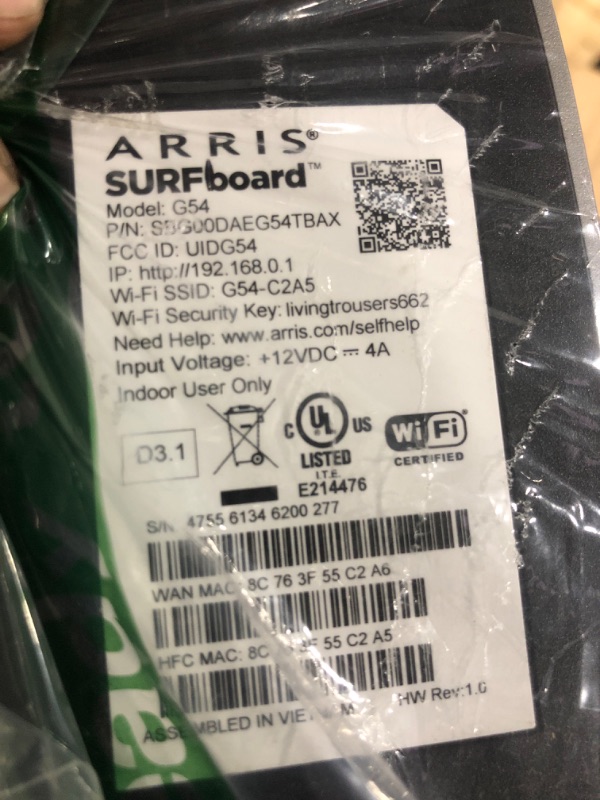 Photo 1 of ***PARTS ONLY***ARRIS (G54) - Cable Modem Router Combo - Fast DOCSIS 3.1 Multi-Gigabit & BE 18000 WiFi 7 Comcast Xfinity, Cox, Spectrum Quad-Band 1, Up to 18 Gbps Max Speed