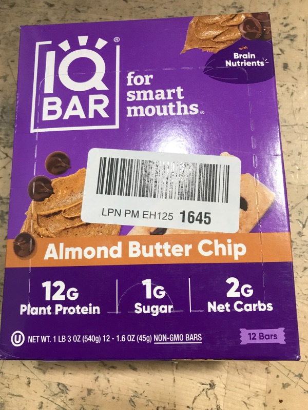 Photo 1 of  EXPIRES 3/3/26
IQBAR Brain and Body Plant Protein Bars - Almond Butter Chip - 12-Count Low Carb - Gluten Free, High Fiber, Vegan Snacks - Low Sugar Meal Replacement