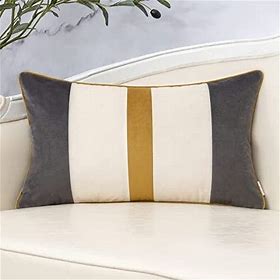 Photo 1 of  Yangest Dark Grey Patchwork Lumbar Pillow Cover Striped Velvet Cushion 12x20"