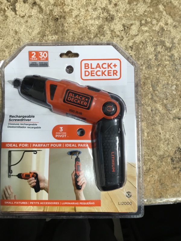 Photo 1 of ***(PARTS ONLY/ NON FUNCTIONAL)***BLACK+DECKER Electric Screwdriver, Cordless, 180 RPM, 3.6V, Spindle Lock with Pivoting Handle, Charger and 2 Hex Shank Bits Included (Li2000)