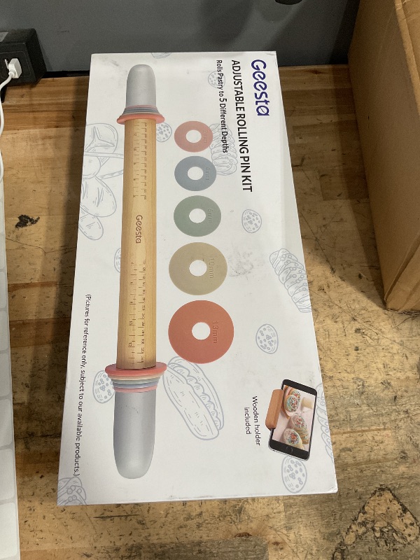 Photo 1 of **FOR PARTS/ 1 OF THE ROLLING PIN HANDLES BROKEN** Geesta Adjustable Wood Rolling Pin with 5 Thickness Rings, Precise Dough Roller Handle Press Design with Measurement Guide for Fondant, Pizza, Pie Crust, Cookie, Pastry Baking Decorating Accessories