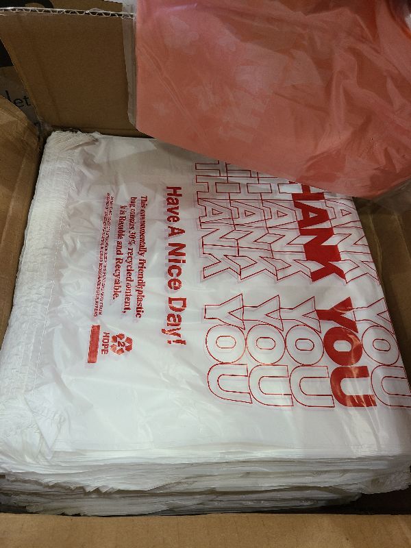 Photo 1 of 1000 Count White Disposable Thank You Bags with Handles - 11''x6''x21'' Plastic Carry Bags for Retail/Supermarket