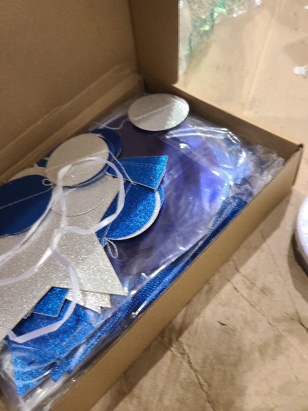 Photo 1 of 27 Pcs Custom Letter Banner DIY Banner Kit with 107 Letters and Numbers Glitter Birthday Decor Make Your Own Garland Streamer, Paper Pom Pom Flower, Hanging Swirl for Wedding Baby Shower(Blue White)