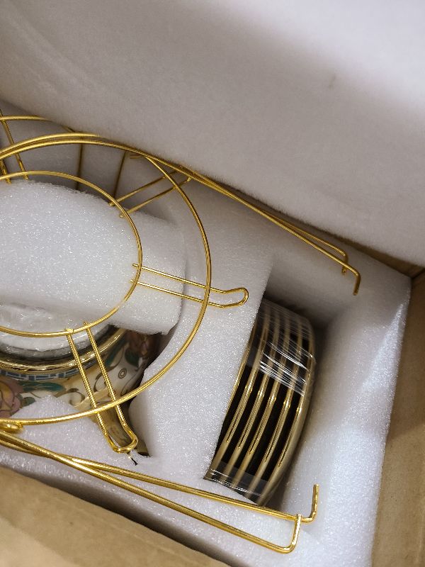 Photo 1 of 20 Pieces Porcelain Tea Set With Metal Holder, European Ceramic tea set for adults,Flower Tea Set,Tea Set For Women With Flower Painting (Large version, Deep yellow)