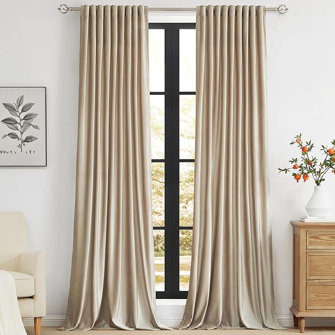 Photo 1 of 100% Blackout Shield Linen Blackout Curtains for Bedroom 108 Inches Long, Back Tab/Rod Pocket Living Room Drapes, Thermal Insulated Blackout Curtains 2 Panels Set, 50" W x 108" L,Cream