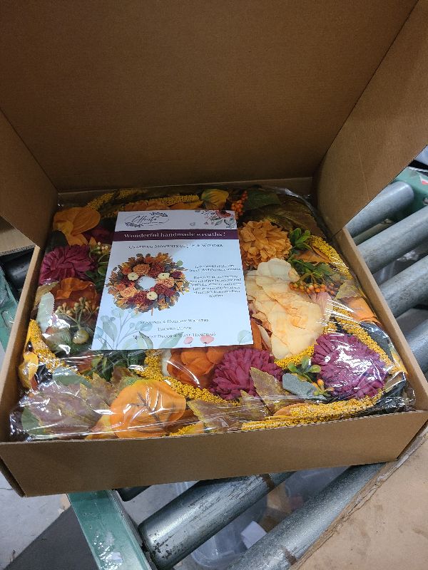 Photo 1 of 24 Inch Autumn Wreath for Front Door - Fall Wreath with Peony,Dahlia,Berries,Maple Leaves,Pumpkins - Farmhouse Thanksgiving Halloween Decor for Porch,Indoor,Outdoor,Wall,Door Hanging