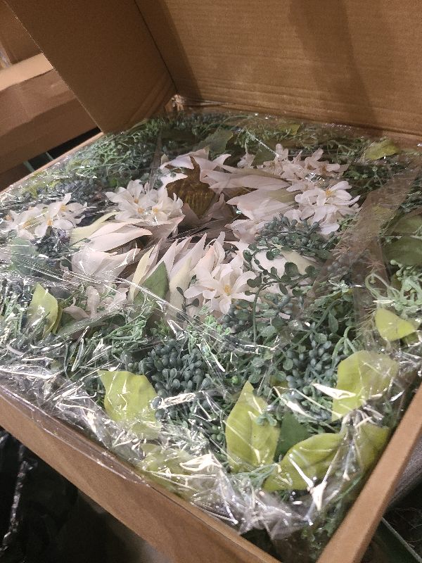 Photo 1 of 24-26 Inch Summer Spring Front Door Wreath, White Silk Flowers Green Leaves Floral Wreaths Decor for Front Door Porch Wall Farmhouse