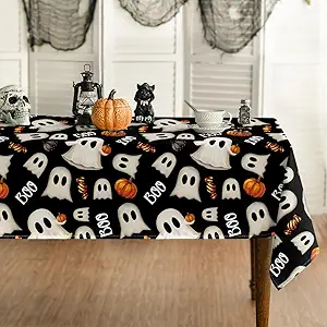 Photo 1 of **MSRP 21.99** Horaldaily Halloween Tablecloth 60×80 Inch Rectangular, Black Ghost Pumpkin Candy Washable Seasonal Table Cover for Party Picnic Dinner Decor
