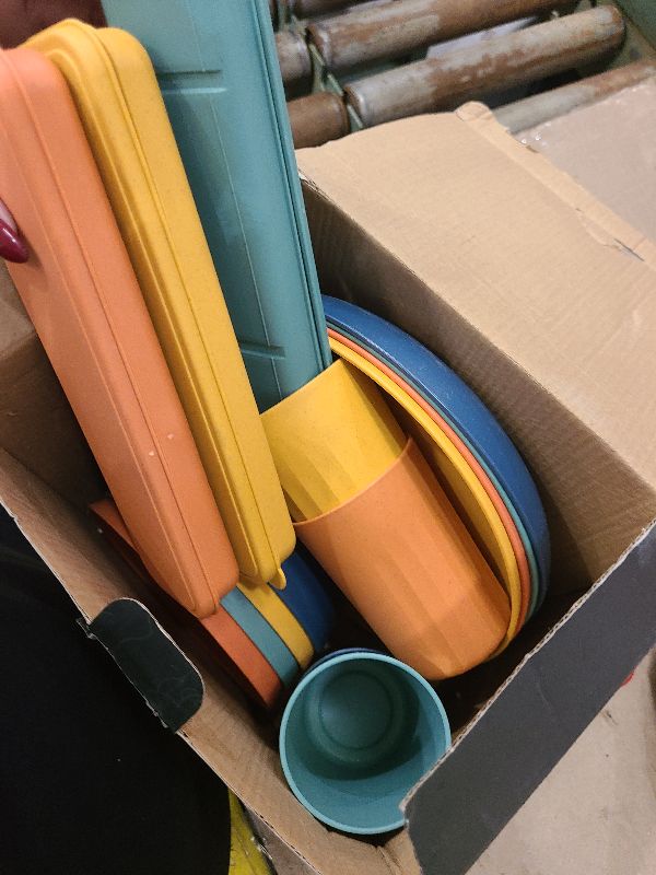 Photo 1 of 28 Piece Wheat Straw Dinnerware Sets,Dishwasher & Microwave Safe Plates and Bowls Sets - Unbreakable Plastic Dinnerware Sets for 4 Dinner Plates, Cups, Cereal Bowls - Colorful Series