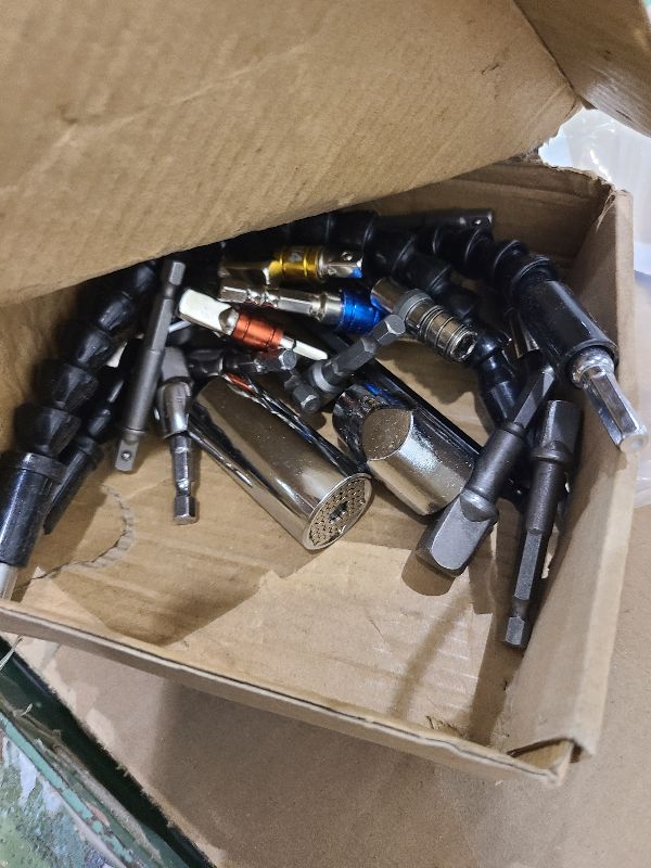 Photo 1 of 32pcs Flexible Drill Bit Extension Set, Rotatable Joint Socket 1/4 3/8 1/2 Inch Hex Socket Adapter, 105°Right Angle Drill Attachmen, Bendable Drill Bit Extension Screwdriver Kit with a Box (Silvery)