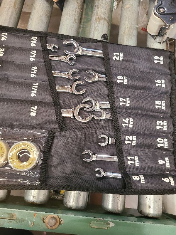 Photo 1 of 14-Piece Flare Nut Wrench Set with PTFE Tape, Metric & SAE Brake Line Wrench Offset 1/4"-7/8"& 9-21mm Set Double Open End with Organizer Pouch for Repairing and Removing Nuts
