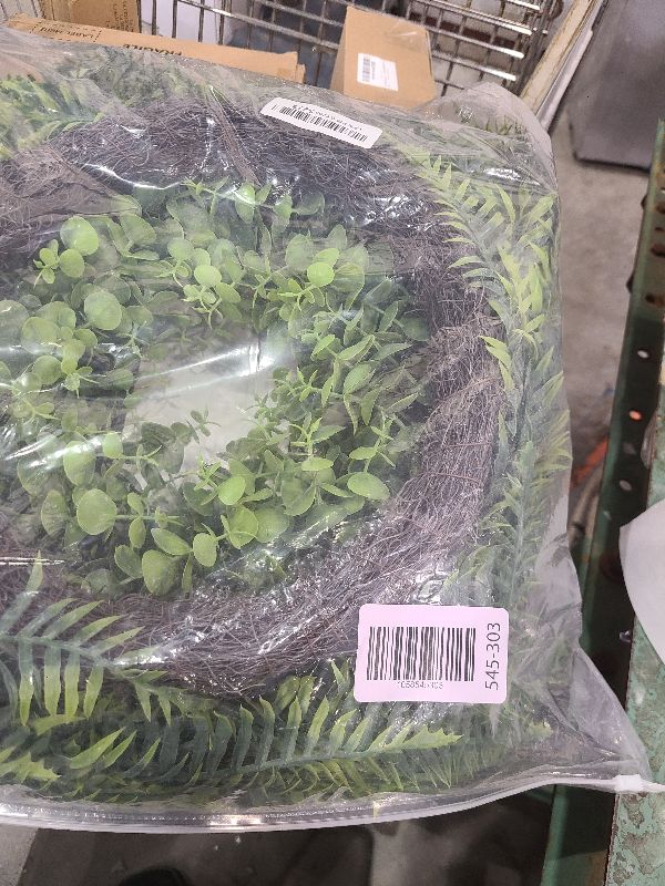 Photo 1 of 26'' Eucalyptus and Boston Ferns Wreath for Front Door - Large Artificial Greenery Outdoor Wreath for Porch,Window,Farmhouse,Home,Hanging Decor- Spring, Summer, All Seasons (Gray-Green)