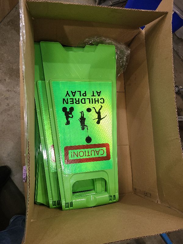 Photo 1 of 4 Pcs Large Reflective Slow Down Kids at Play Sign 24 Inch Double Sided Portable Handle Children at Play Warning Board Caution Safety Signs for Street Neighborhood Yard School Park Sidewalk(Green)