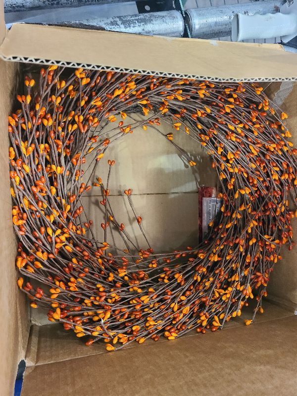 Photo 1 of 24 Inch Fall Wreath for Front Door with Large Grapevine, Orange Pip Berry Wreath for Fall Door Decor, Autumn Wreaths for Farmhouse Wall Window Home and Halloween Christmas Thanksgiving Decoration