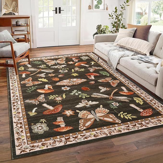 Photo 1 of **MSRP 71.99** Mushroom 8x10 Rug for Living Room Non Slip Washable 8 X 10 Rug for Bedroom with Rubber Back Soft Low-Pile Stain Resistant Foldable Large Carpet for Office Nursery Dining Room Brown