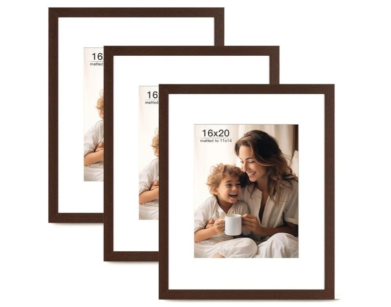 Photo 1 of 16x20 Picture Frame with Mat for 11x14 Set of 3, Drak Brown Wood Grain 16x20 Frames for Horizontal & Vertical Wall Mounting (3 Pack,Walnut)