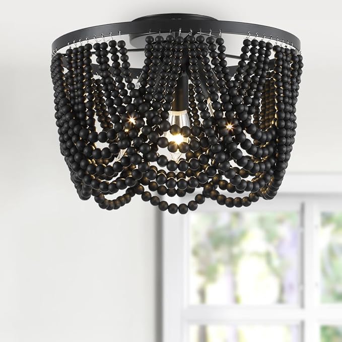 Photo 1 of **MSRP 49.99** Black Boho 12.6 inch Wood Beaded Chandelier, Bohemia Draped Bead Flush Mount/Semi Flush Mount Ceiling Light Fixture for Dinning Room, Bedroom, Hallway
