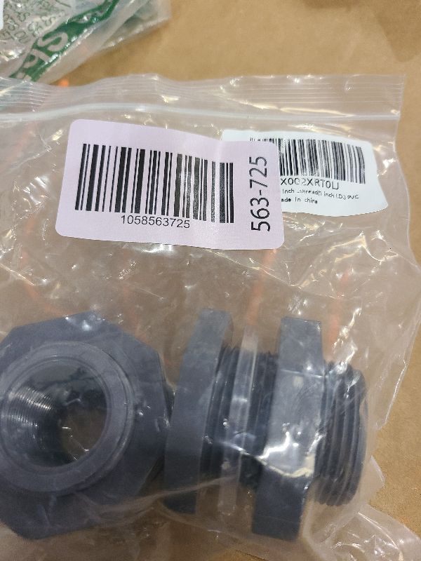 Photo 1 of 2 Pieces 3/4 Inch PVC Bulkhead Fitting for Water Barrel, Water Tank, Rain Barrels,NPT3/4 female thread(1 inch I.D.) PVC
