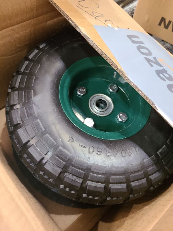 Photo 1 of 2 Pcs 10" Flat Free Tires Solid Pneumatic Tires Wheels, 4.10/3.50-4 Air Less Tires with 5/8 Center Bearings, for Wheelbarrow/Trolley Dolly/Garden Wagon Carts/Hand Truck/Wheel Barrel/Lawn Mower, 2 Pack