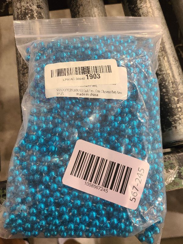 Photo 1 of 24 PCS 33 Inch 7 mm Metallic Teal Bead Necklaces, Teal Mardi Gras Beads Necklaces Turquoise Party Beads Necklace Bulk Round Beaded Necklaces for Mardi Gras, Christmas, School Spirit Day Party Favors