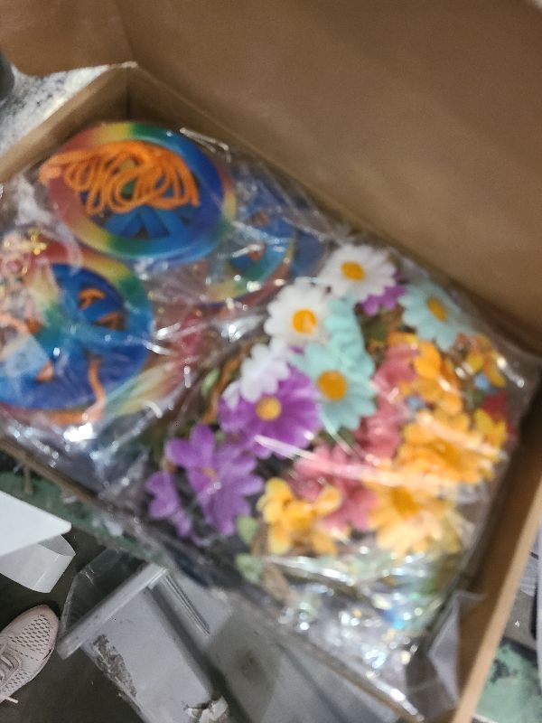 Photo 1 of 32 Pcs Hippie Costume Accessories Set 60s 70s Party Decorations Peace Sign Necklaces Earrings Daisy Sunflower Headband Retro Sunglasses for Women Hippie Party Supplies