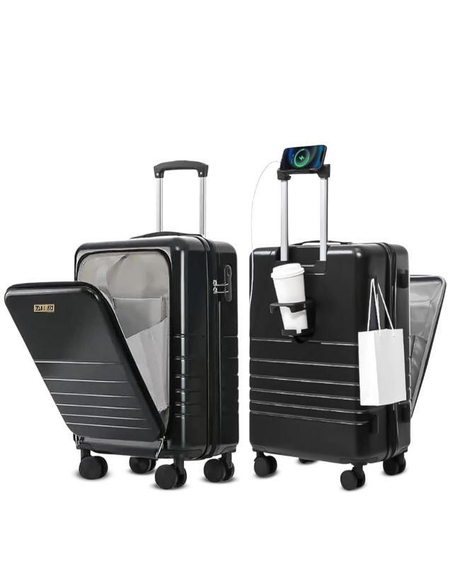 Photo 1 of 20 Inch Hardside Carry On Luggage with Spinner Wheels, Airline Approved 22x14x9 Carry-On Luggage with Front Pocket (Black)