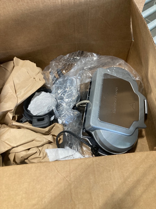 Photo 1 of ***BROKEN HANDEL***Hamilton Beach Dual Breakfast Sandwich Maker with Timer, Ready in 5 Minutes, Removable Dishwasher Safe PFAS-Free Non-Stick Egg Cooker Ring, Silver (25490MNA)