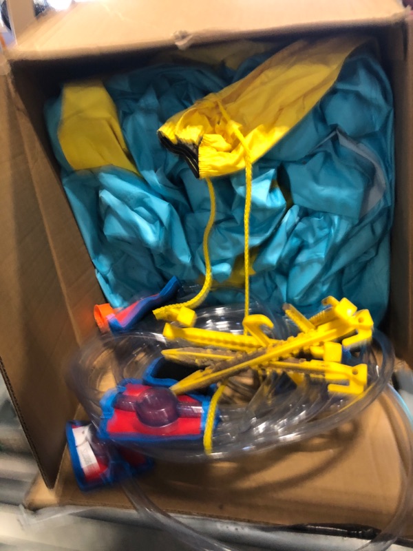 Photo 1 of ***VERY USED***WELLFUNTIME Inflatable Water Double Slides Park with Blower, Bouncy Castle with Rainbow Water Curtain, with Shooting and Rock Climbing