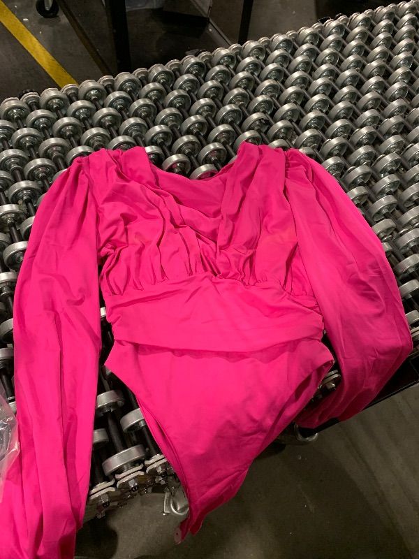 Photo 1 of ****SIMILAR ITEM**** Umenlele Women's Plunging V Neck Ruched Pleated Long Sleeve Top Leotard Bodysuit Peach Pink Small