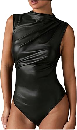 Photo 1 of  Women's Mock Neck PU Leather Bodysuit Sleeveless Tank Body Suit Tops Leotard