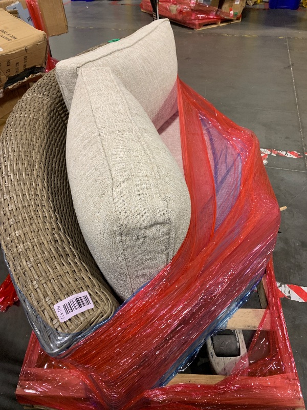 Photo 1 of ***similar item, smaller measurment**Benjara BM315913 Mita  Outdoor Loveseat, 2 Pillows, Curved Cushions Resin Wicker, Gray, Beige 