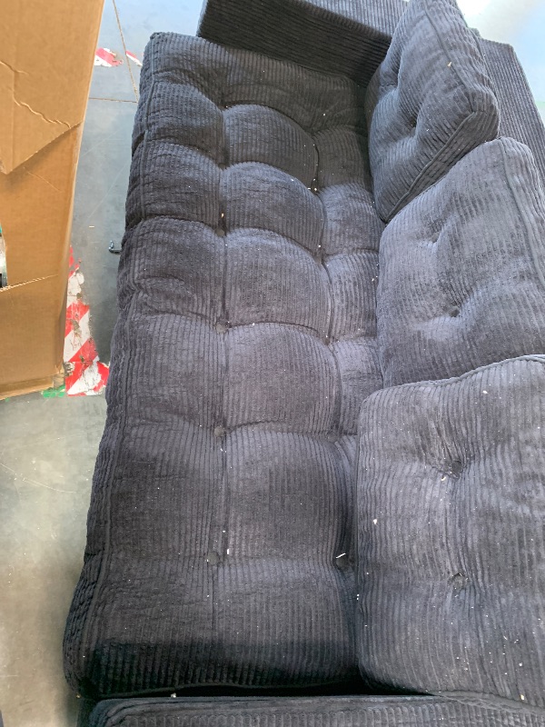 Photo 1 of **open item, has a rip on bottom, see pictures. MAXYOYO 3 Seater Couch for Living Room, Boneless Couch with Tufted Cushion & Backrest, Upholstered Floor Sofa with Armrests, Sofa in A Box, No Assembly Required, Black **SOLD AS IS**