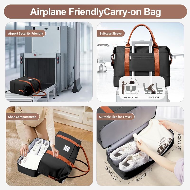 Photo 1 of **SIMILAR TO PHOTO** Travel Duffle Bag for Women, Weekender Overnight Bag with Shoe Compartment, Carry on Personal Item Travel Bag,3 Pcs Set, Black & Brown 