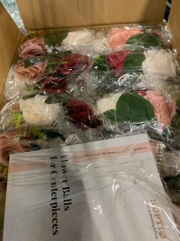 Photo 1 of **FLOWERS NEED TO BE FLUFFED OUT** NUPTIO Artificial Flower Centerpieces for Tables - 10 Pcs Burgundy & Dusty Rose & Creamy White Fake Flowers Roses Balls 9.5in Diam - Silk Faux Rose Arrangement for Wedding Party Table Decor