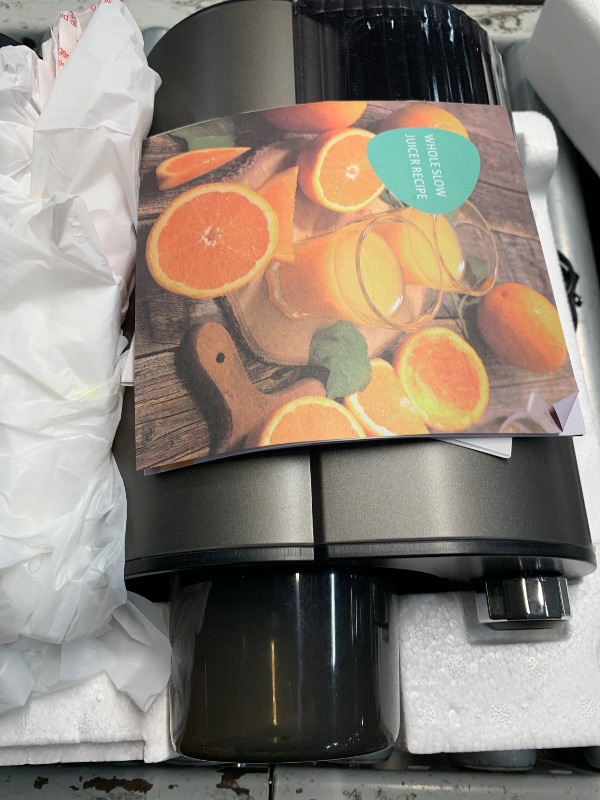Photo 1 of (see all images) Cold Press Juicer, 5.8" Wide Feed Chute Juice Extractor Machine with 400W, High Juice Yield, Slow Masticating Juicer for Whole Vegetables & Fruits, Black Gray
