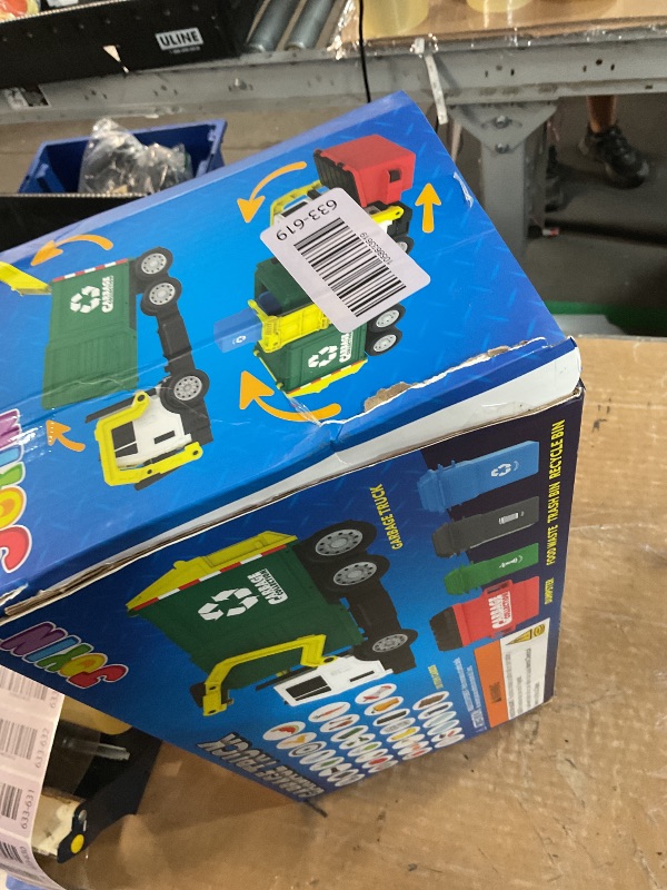 Photo 1 of (missing pieces) JOYIN Large Friction Powered Garbage Truck Toy Set, Includes Dumpster, Trash Bins, and Learning Cards for Kids