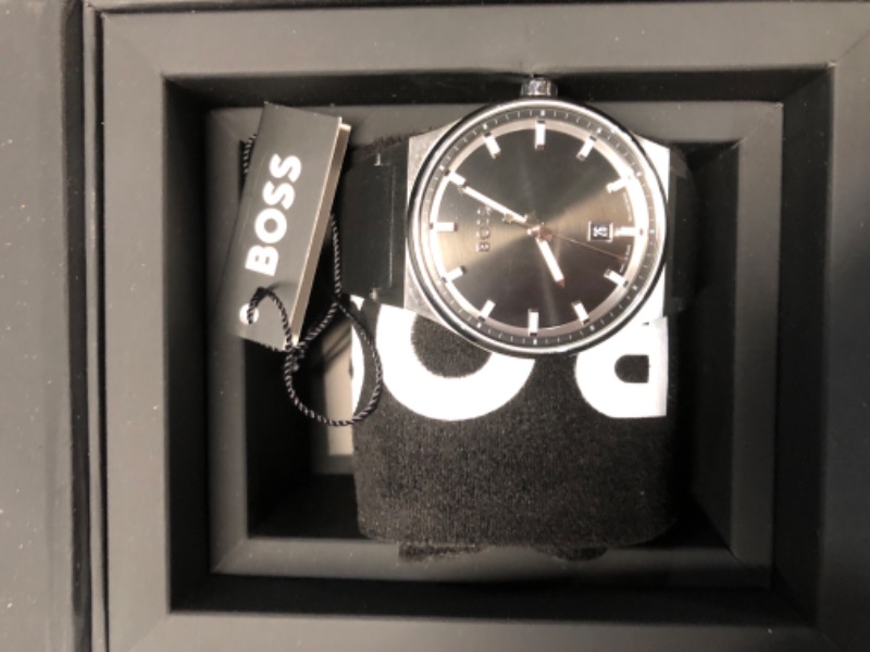 Photo 1 of (NO FUNCTION) BOSS Hugo Men's Candor Stainless Steel Case and Black Leather Strap Watch, Contemporary Design for Everyday Wear, Three-Hand Watch, Model (1514075)