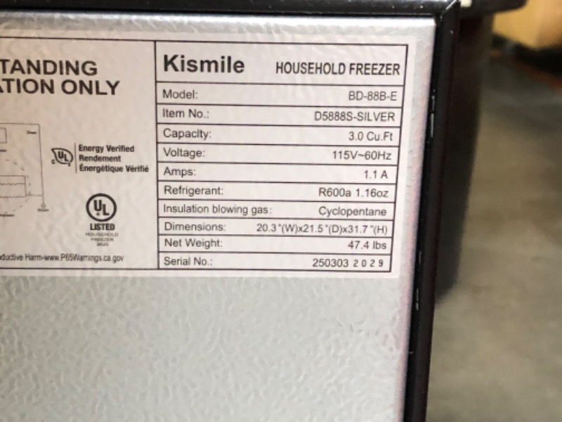Photo 1 of ***DAMAGED - DENTED - POWERS ON - UNABLE TO TEST FURTHER - SEE PICTURES***
3.0 Cu.ft Upright Freezer, Small Mini Freezer with Adjustable Thermostat, Removable Shelves, Reversible Single Door, for Bedroom/Home/Dorms/Apartment, Silver