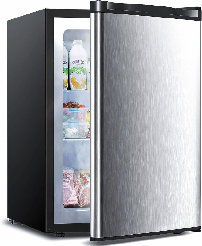 Photo 1 of ***DAMAGED - DENTED - POWERS ON - UNABLE TO TEST FURTHER - SEE PICTURES***
3.0 Cu.ft Upright Freezer, Small Mini Freezer with Adjustable Thermostat, Removable Shelves, Reversible Single Door, for Bedroom/Home/Dorms/Apartment, Silver