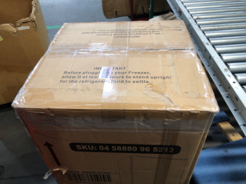 Photo 1 of ***DAMAGED - DENTED - POWERS ON - UNABLE TO TEST FURTHER - SEE PICTURES***
3.0 Cu.ft Upright Freezer, Small Mini Freezer with Adjustable Thermostat, Removable Shelves, Reversible Single Door, for Bedroom/Home/Dorms/Apartment, Silver
