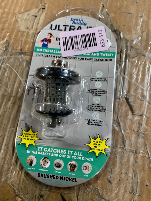 Photo 1 of Drain Buddy Ultra Flo No Installation 2 in 1 Clog Preventing Tub Drain Stopper and Hair Catcher for 1 3/8" to 1.5" Bathtubs and Utility Sinks Brushed Nickel Metal Cap